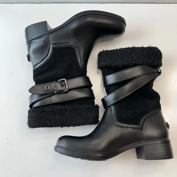 Coach Zena Black Leather Suede Shearling Buckle‎ Ankle Boots Women Size 7B - Picture 9 of 10